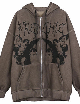 "Vintage Angel Print Oversized Hoodie for Women – Y2K Aesthetic Zip-Up Long Sleeve Sweatshirt, Gothic Grunge Autumn Streetwear"