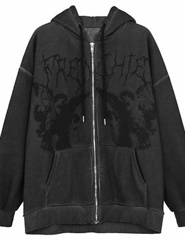 "Vintage Angel Print Oversized Hoodie for Women – Y2K Aesthetic Zip-Up Long Sleeve Sweatshirt, Gothic Grunge Autumn Streetwear"