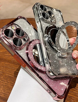 Plating Airbag Glitter Bracket Magsafe Case for iPhone 15 16 Pro Max 15 Plus Luxury Mirror Cover for iPhone 11 12 13 14 Pro Max