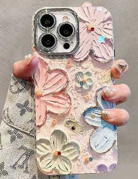 Luxury Flowers Glitter Laser Phone Case For iPhone 16 Pro Max 15 14 Plus 13 12 11 Diamond Soft Shockproof Lens protection Cover