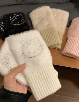 Sanrio Hello Kitty Half Finger Gloves for Women Fashion Winter Warm Soft Knitting Gloves Casual Cartoon Fingerless Mitten Gifts