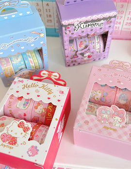 10Roll/Box Sanrio Kuromi Cinnamoroll Meloyd Tape Sticker Cute Cartoon Hello Kitty Handbook DIY Hot Stamping Stickers Kids Toys