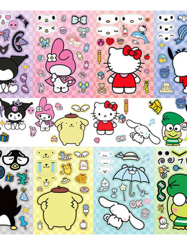 8pcs Cartoon Hello Kitty Kuromi Sanrio Mix Puzzle Anime Stickers Make a Face Assemble Game Decal Assemble Jigsaw Girl Toy Gift