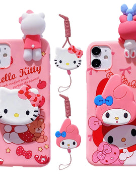 For iPhone 6 6s 7 8 X Xs Max XR 11 12 13 14 15 Pro SE Max Case My Melody Hello Kitty TPU Soft Phone Case With Holder Strap Rope