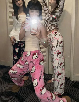 Sanrio Hello Kitty Flannel Pajamas Christmas Fashion Warm Plush Trous Cartoon Casual Home Pants In Autumn Winter pajama pants