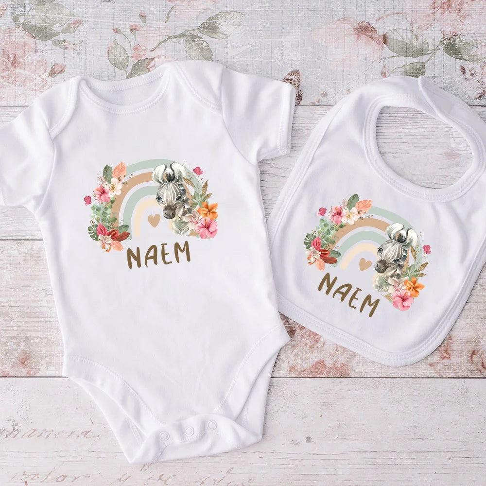 Personalized Matching Baby Bib & Romper Custom Name Animal Rainbow Printen Newborn Bibs Bodysuit Set Infant Shower Gift 2 Pcs