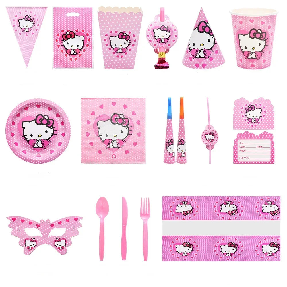 Anime Cartoon Characters Around Hello Kitty Theme Party Banner Decoration Kit Children's Birthday Party Invitation Card