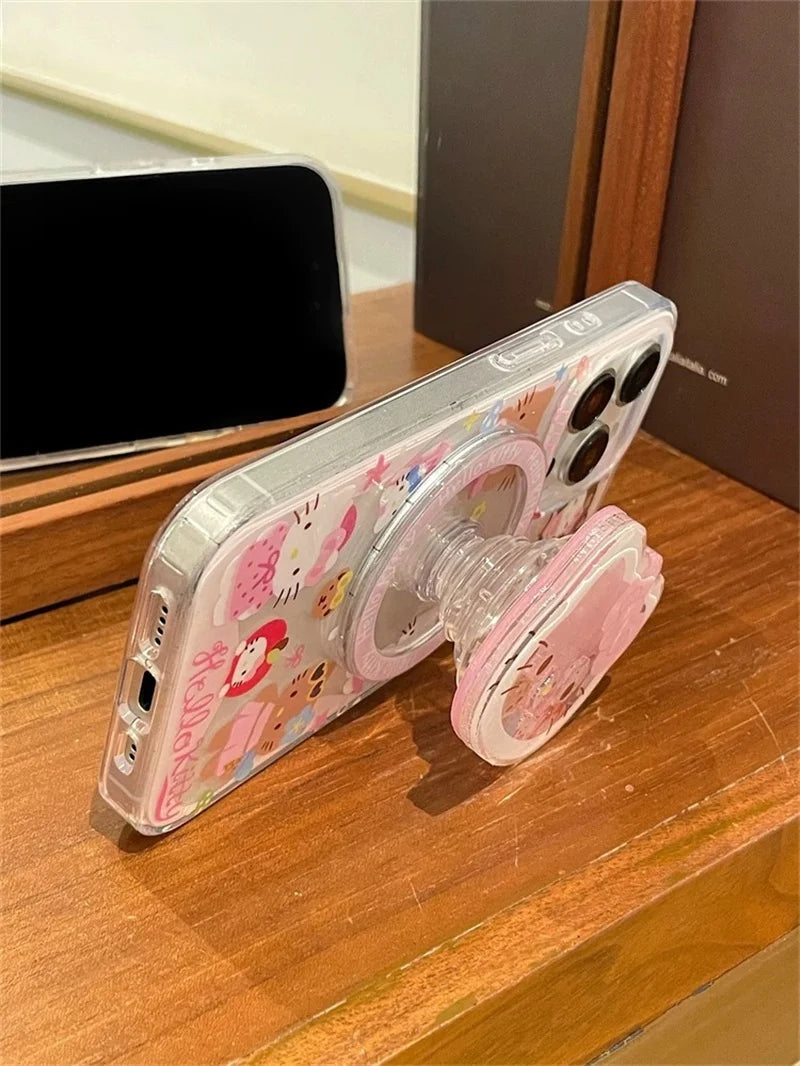 "Cartoon Cute Hello Kitty MagSafe Wireless Charging Phone Case for iPhone 12, 13, 14, 15, 16 Pro Max – 3D KT Magnetic Stand Cover, Cute Design, Shockproof Protection, Perfect for Hello Kitty Fans"