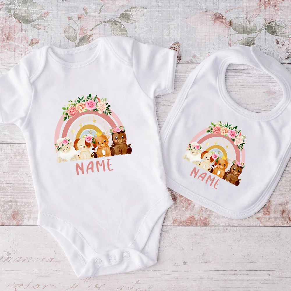 Personalized Matching Baby Bib & Romper Custom Name Animal Rainbow Printen Newborn Bibs Bodysuit Set Infant Shower Gift 2 Pcs