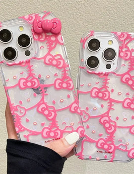 Sanrio Hello Kitty Bow Full Screen Phone Case For iPhone 16 15 14 13 12 11 Pro Max XR XS MAX 7 8 Plus Y2K Pink Girl Laser Cover