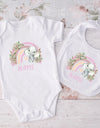Personalized Matching Baby Bib & Romper Custom Name Animal Rainbow Printen Newborn Bibs Bodysuit Set Infant Shower Gift 2 Pcs