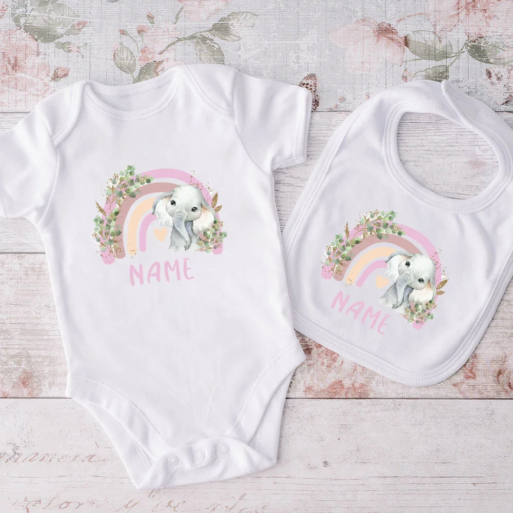 Personalized Matching Baby Bib & Romper Custom Name Animal Rainbow Printen Newborn Bibs Bodysuit Set Infant Shower Gift 2 Pcs