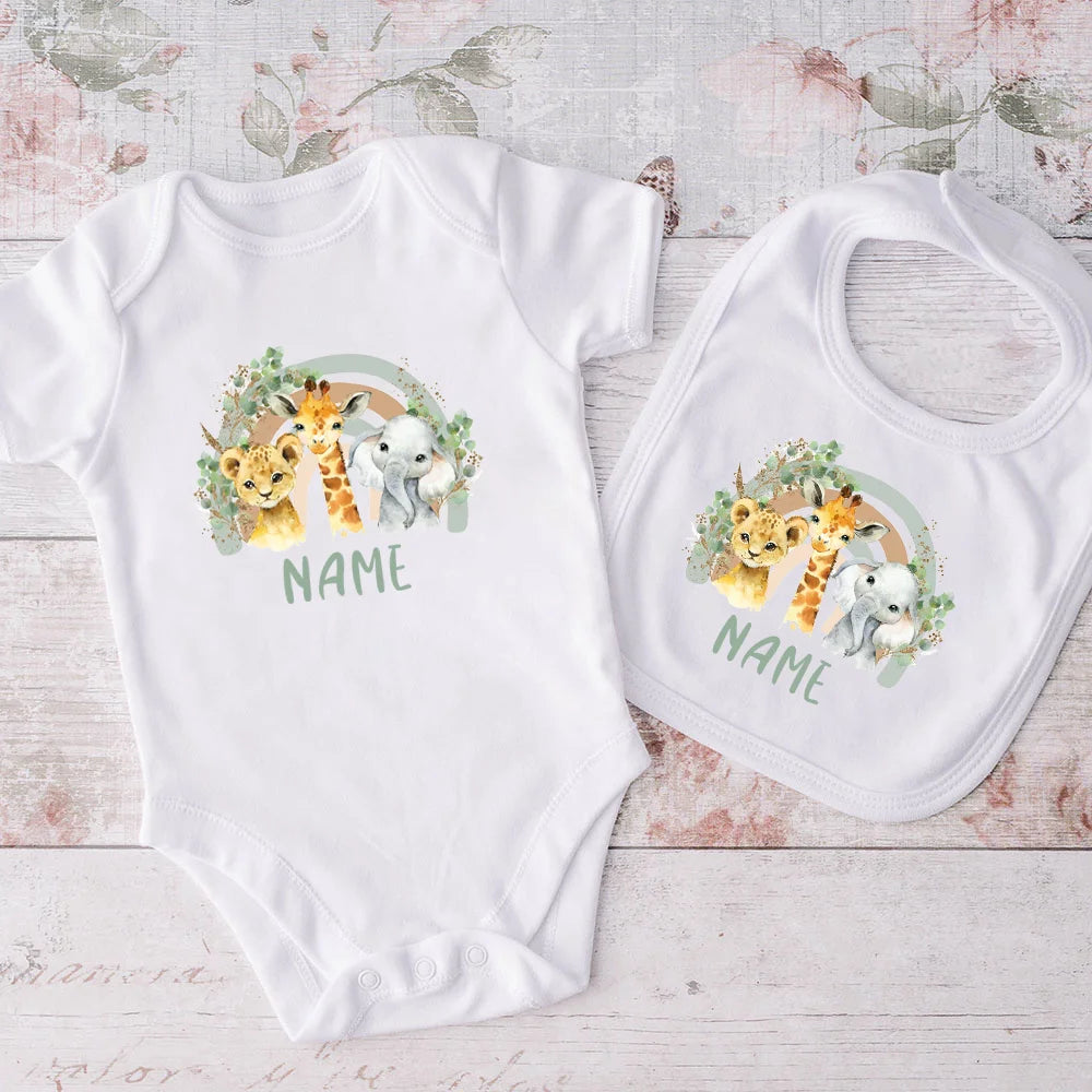 Personalized Matching Baby Bib & Romper Custom Name Animal Rainbow Printen Newborn Bibs Bodysuit Set Infant Shower Gift 2 Pcs
