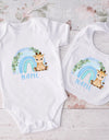 Personalized Matching Baby Bib & Romper Custom Name Animal Rainbow Printen Newborn Bibs Bodysuit Set Infant Shower Gift 2 Pcs