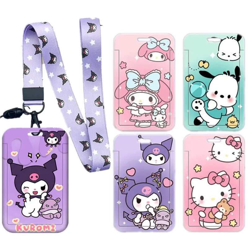 Cartoon Sanrio Hello Kitty Lanyard Card Sleeve ID Card Holder Bus Subway Access Work Permit Card Neck Strap Hang Rope Lariat
