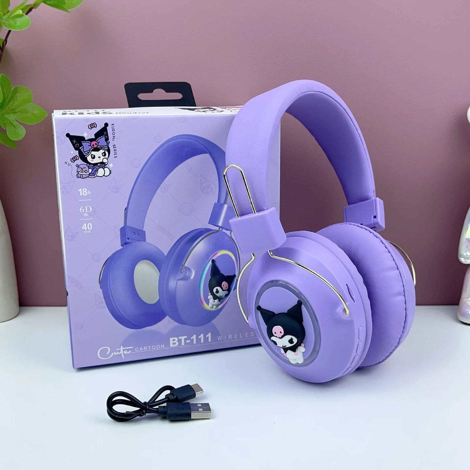 Hello Kitty Bluetooth Headphones Sanrio Kuromi Cartoon Wireless Sports Earphones with LED Lights Gaming Headsets Noise Reduction