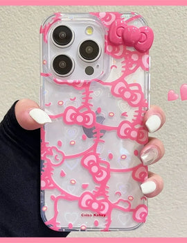 Sanrio Hello Kitty Bow Full Screen Phone Case For iPhone 16 15 14 13 12 11 Pro Max XR XS MAX 7 8 Plus Y2K Pink Girl Laser Cover