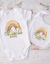 Personalized Matching Baby Bib & Romper Custom Name Animal Rainbow Printen Newborn Bibs Bodysuit Set Infant Shower Gift 2 Pcs