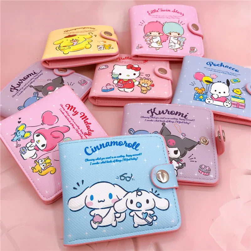 Kawaii Sanrio Pu Casual Money Bag Hello Kitty Cinnamoroll My Melody Kuromi Coin Purse Card Holder Wallet With Buttons