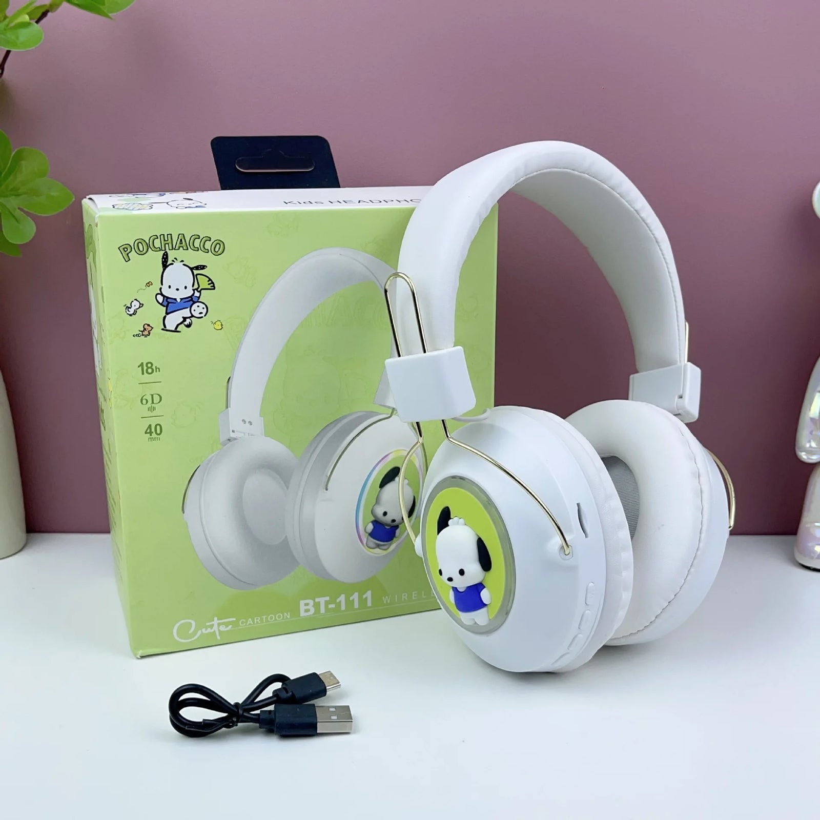Hello Kitty Bluetooth Headphones Sanrio Kuromi Cartoon Wireless Sports Earphones with LED Lights Gaming Headsets Noise Reduction