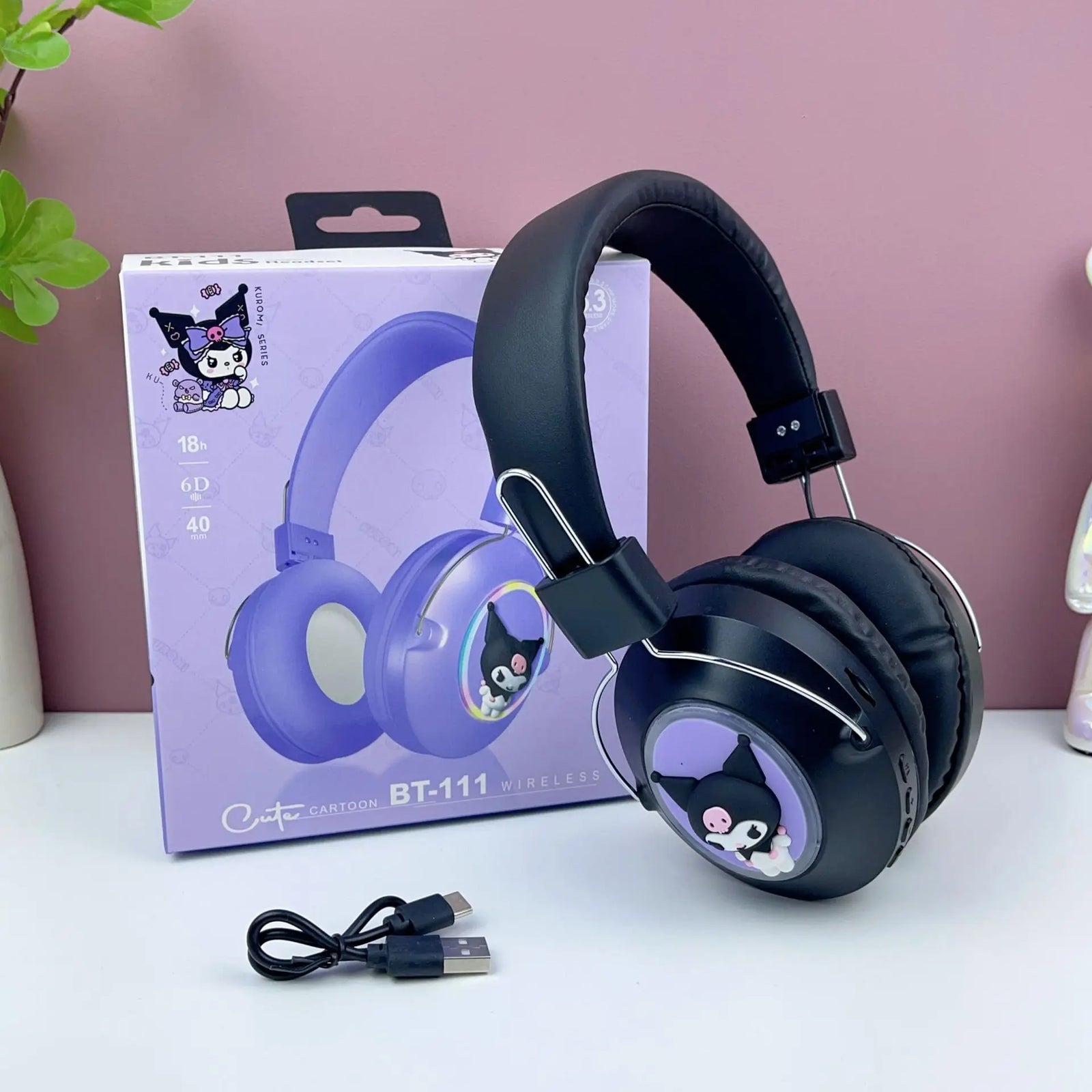 Hello Kitty Bluetooth Headphones Sanrio Kuromi Cartoon Wireless Sports Earphones with LED Lights Gaming Headsets Noise Reduction