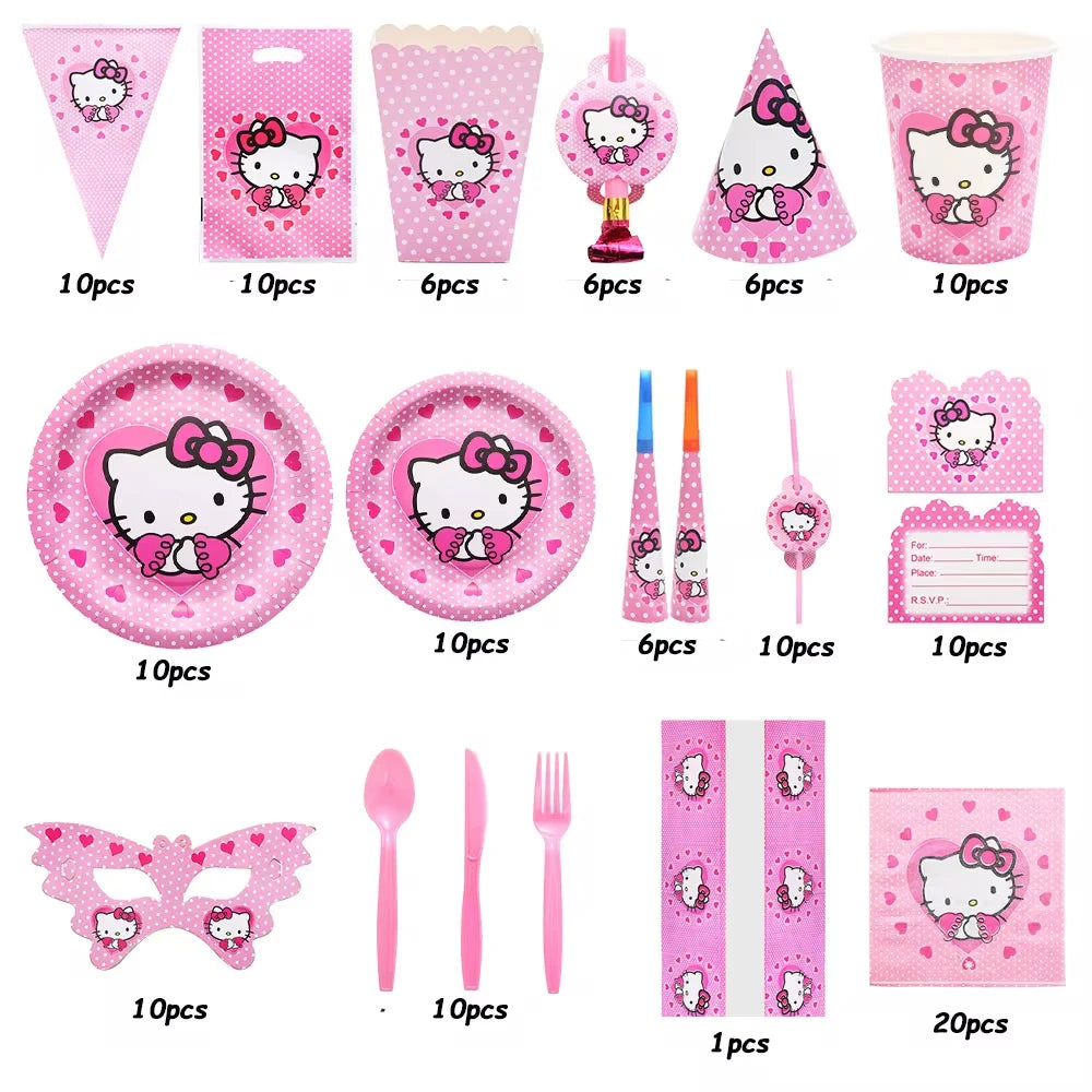 Anime Cartoon Characters Around Hello Kitty Theme Party Banner Decoration Kit Children's Birthday Party Invitation Card