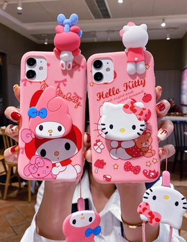 For iPhone 6 6s 7 8 X Xs Max XR 11 12 13 14 15 Pro SE Max Case My Melody Hello Kitty TPU Soft Phone Case With Holder Strap Rope