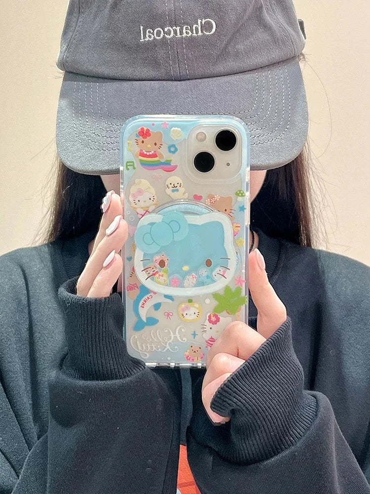 "Cartoon Cute Hello Kitty MagSafe Wireless Charging Phone Case for iPhone 12, 13, 14, 15, 16 Pro Max – 3D KT Magnetic Stand Cover, Cute Design, Shockproof Protection, Perfect for Hello Kitty Fans"