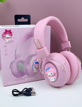 Hello Kitty Bluetooth Headphones Sanrio Kuromi Cartoon Wireless Sports Earphones with LED Lights Gaming Headsets Noise Reduction