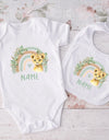 Personalized Matching Baby Bib & Romper Custom Name Animal Rainbow Printen Newborn Bibs Bodysuit Set Infant Shower Gift 2 Pcs