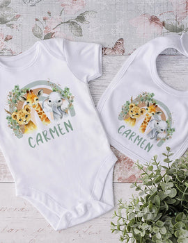 Personalized Matching Baby Bib & Romper Custom Name Animal Rainbow Printen Newborn Bibs Bodysuit Set Infant Shower Gift 2 Pcs