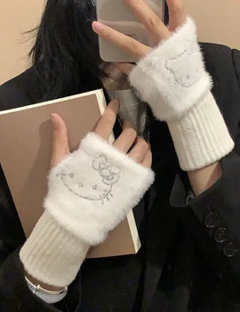 Sanrio Hello Kitty Half Finger Gloves for Women Fashion Winter Warm Soft Knitting Gloves Casual Cartoon Fingerless Mitten Gifts