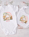 Personalized Matching Baby Bib & Romper Custom Name Animal Rainbow Printen Newborn Bibs Bodysuit Set Infant Shower Gift 2 Pcs